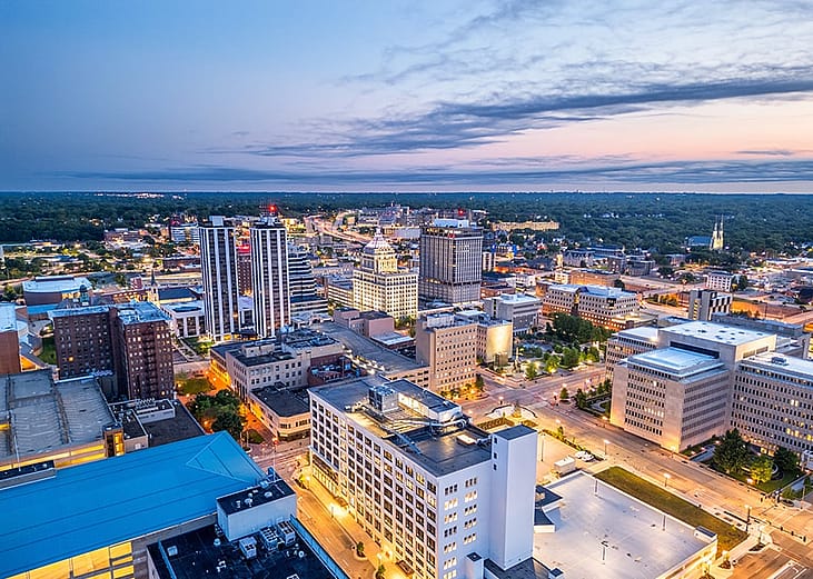 An aerial view of the Peoria downtown skyline at dusk in Illinois, USA.