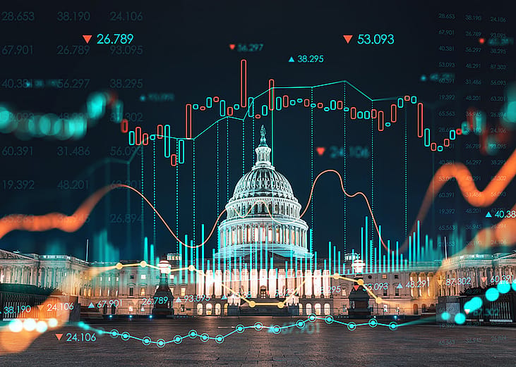 A hologram of the forex graph in the front layer and the U.S. Capitol building in the back layer, representing the concepts of stocks and trading.