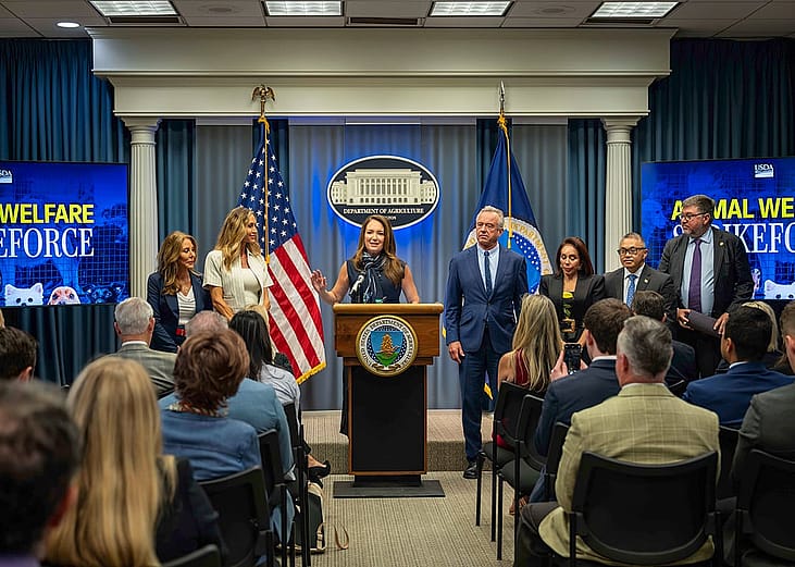U.S. Secretary of Agriculture Brooke L. Rollins hosts a press conference following a Strike Force Roundtable to discuss improving animal welfare at the U.S. Department of Agriculture (USDA) Headquarters, Whitten Building on September 21, 2026 in Washington, D.C.