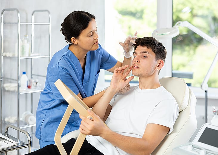 A cosmetologist checking a person's face before an aesthetic procedure.