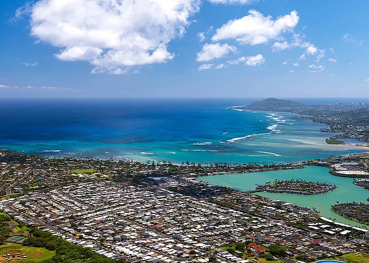 An aerial view of Oahu’s coastline and neighborhoods near Koko Head in Hawaii.