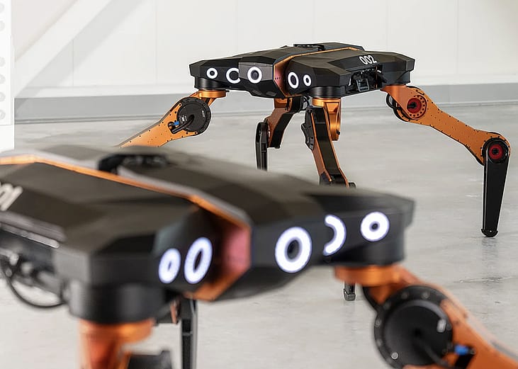 Four-legged construction AI-powered robots designed by London-based startup All3 for an automation of large-scale construction projects.