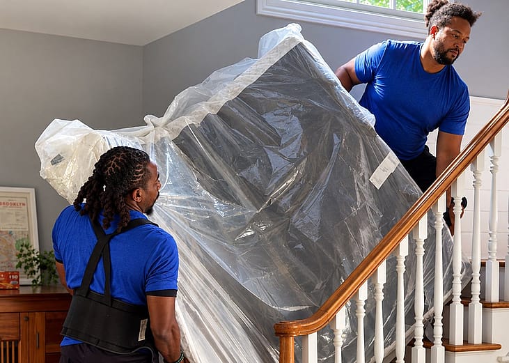 Professional movers carrying a plastic-wrapped mattress upstairs inside a home.