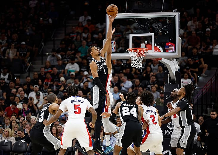 San Antonio Spurs' #1 Victor Wembanyama going for a rebound against Detroit Pistons in the second half at Frost Bank Center in San Antonio, Texas, USA.