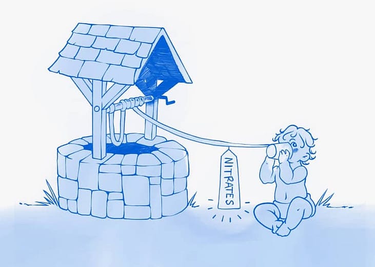 An illustration showing a blue baby syndrome, a condition caused by nitrate pollution in water from or near farms.