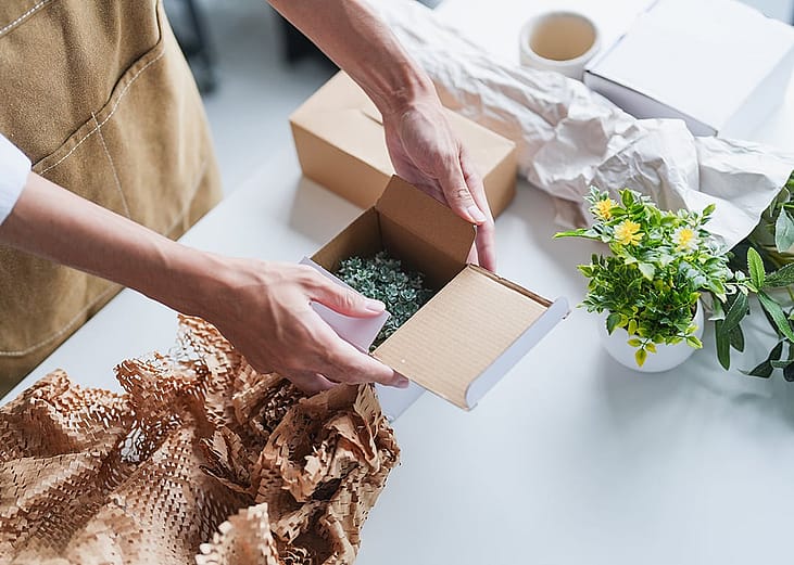A business owner packing eco-friendly products into a recyclable package box for an online order.