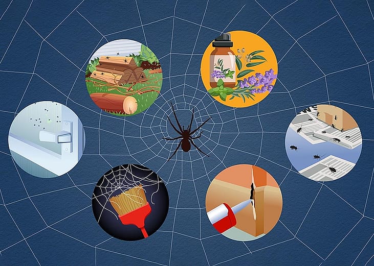 A graphic showing a spider in the center surrounded by different steps in circles to prevent spiders at home.