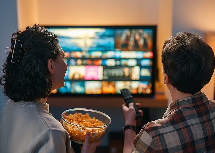 A couple strolling through a selection of movies from an online streaming site for a movie night at home.