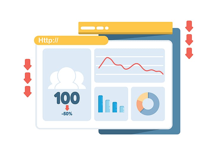 A digital illustration showing a declining website traffic, low engagement, and reduced web performance.