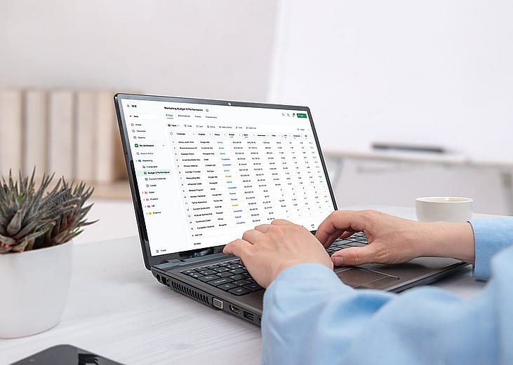 A person reviewing a spreadsheet for expenses reporting before an automation upgrade on a laptop.