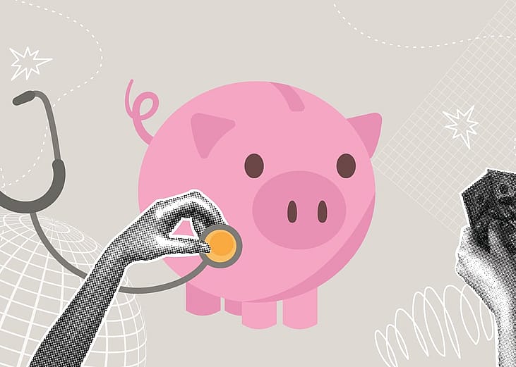 A piggy bank illustrated with financial checkup graphics as a concept of financial planning.