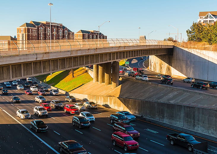 Aerial view of heavy traffic in a highway in Atlanta.