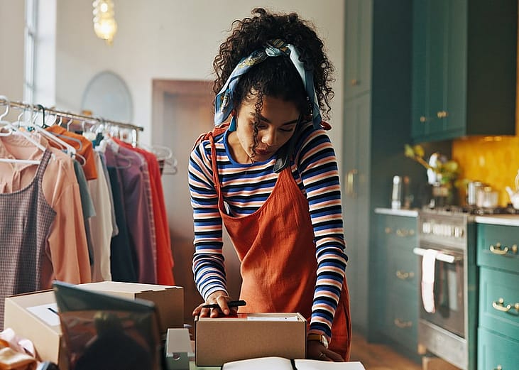 An female apparel small business owner talking on the phone with a customer while preparing a package order.