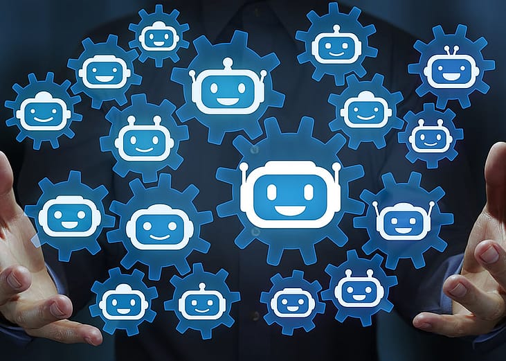 A business professional operating multiple AI agent platforms and system robots in an organization.
