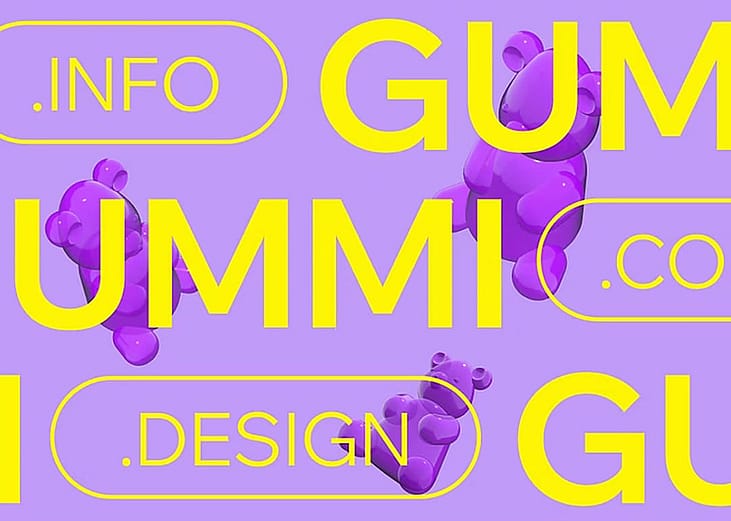 A colorful illustration showcasing purple 3D gummy bears alongside a typography design for the word 'Gummi'.