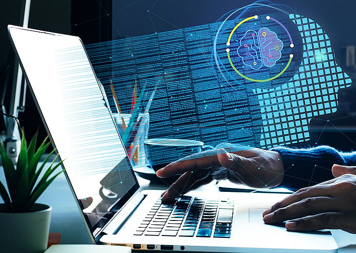 A conceptual graphic of an employee working with agentic AI.