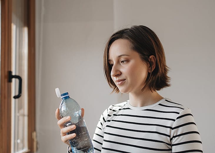 A person holding a reusable water PET bottle with new tethered caps at home.