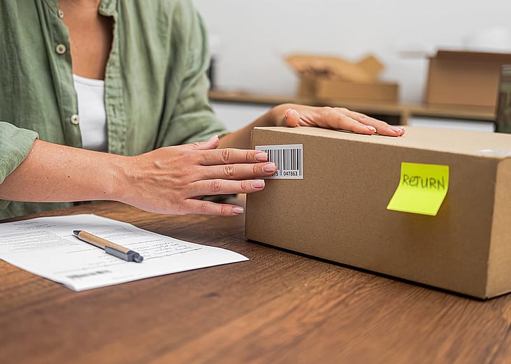 A person returning back a parcel and putting a barcode sticker to the box in the shipping store.