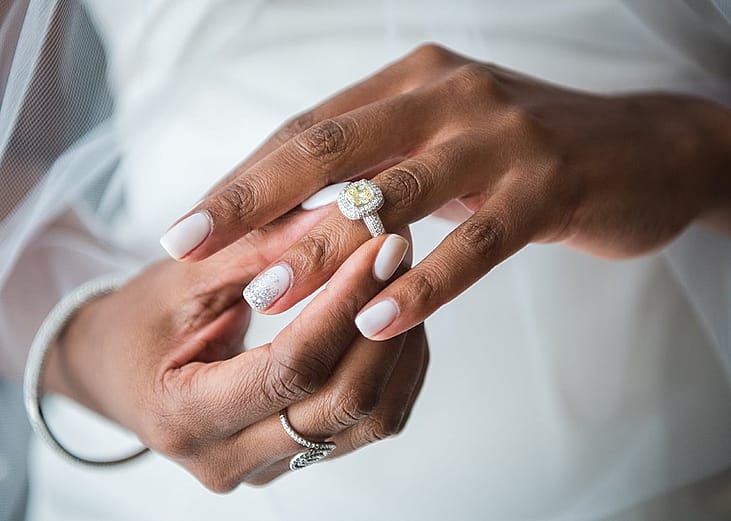 A bride putting on her wedding ring.