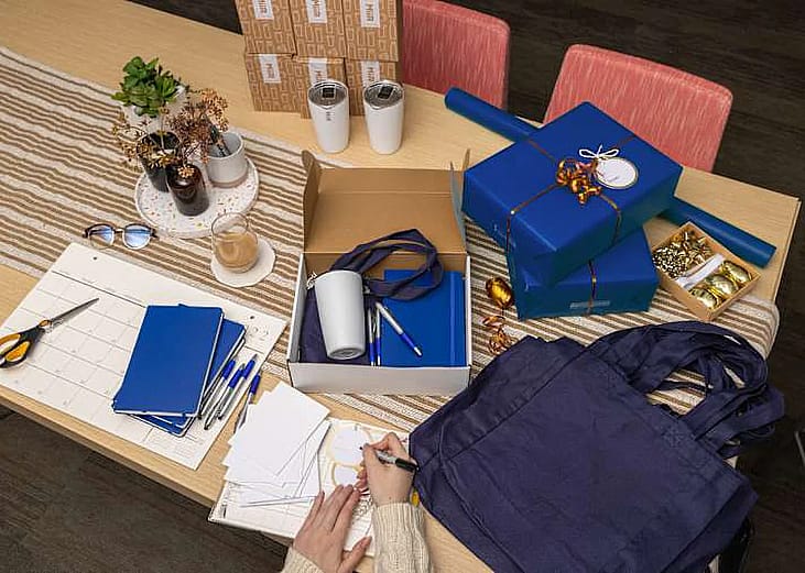An HR person packing corporate holiday gifts and branded merchandise of their company.