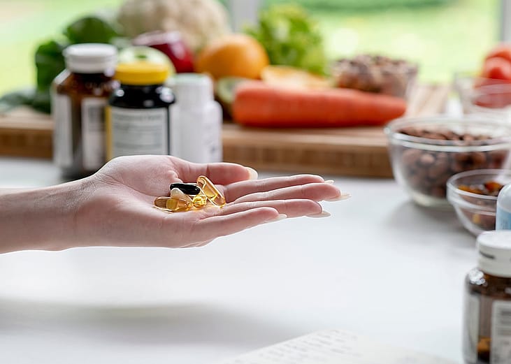Woman checking supplements on hand.