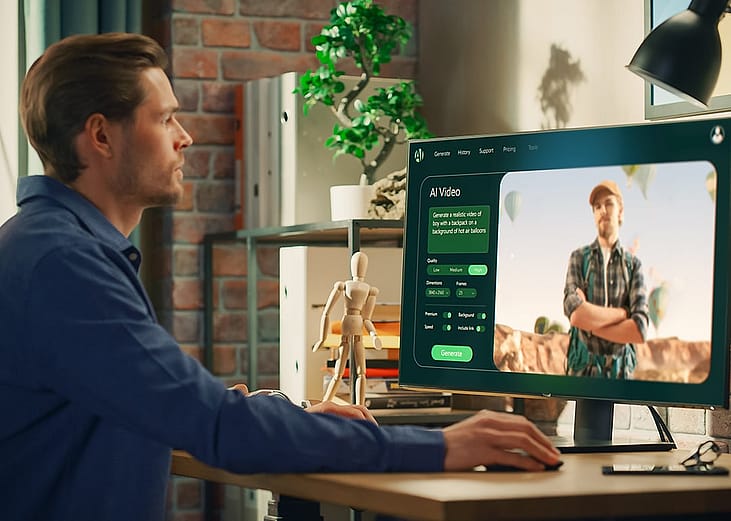 A brand marketing specialist using an AI image generation software for a pubmat material.
