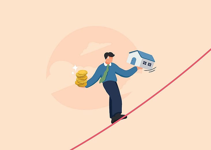A person balancing homeownership and costs in a string, representing the concept of struggle between stability and debt.