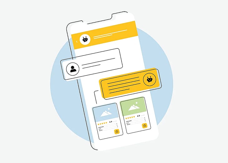 An illustration of AI e-commerce agents recommending products and experiences to users through a mobile shopping application.