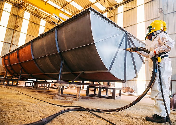 An industrial worker working on a steel grit blasting process on steel structure before painting it in a factory workshop.