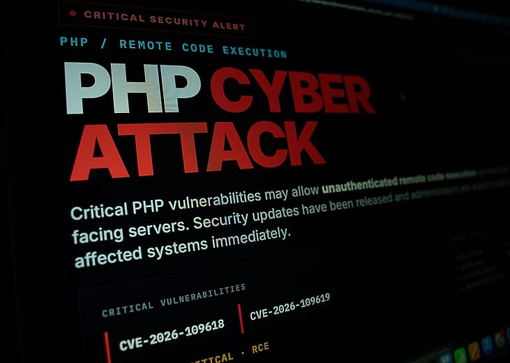 A PHP cyber attack security alert with critical vulnerabilities displayed on the screen.