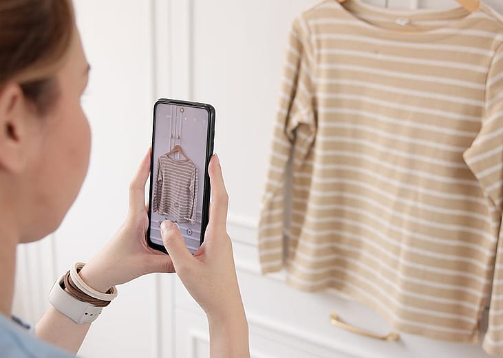 A young woman at home taking a photo of her shirt.
