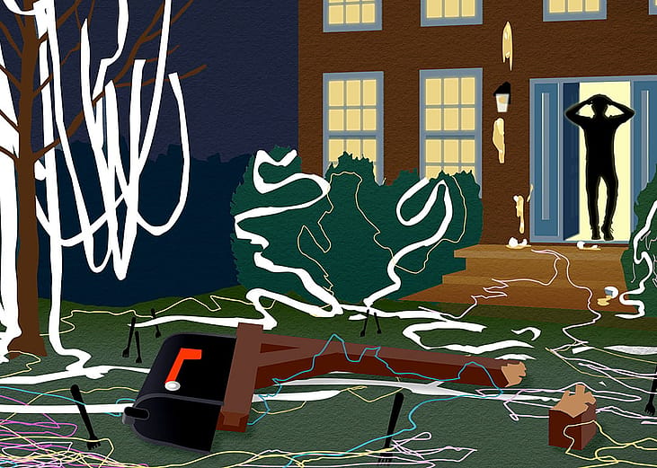 A custom illustration depicting a house that has been vandalized or pranked overnight.