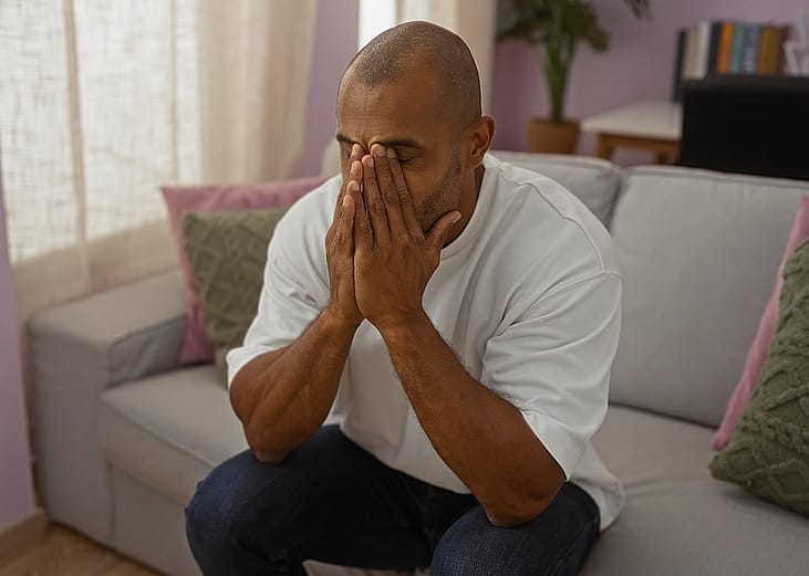 A stressed man sitting in a living room with his hands covering his face.