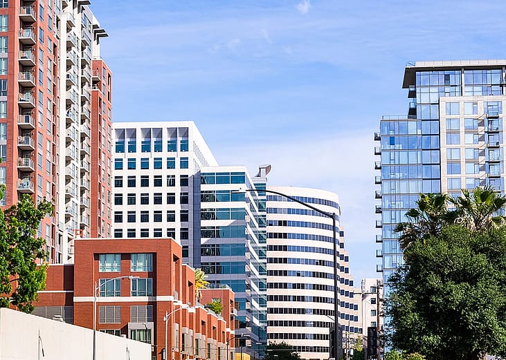 View of residential high rises and modern office buildings in Silicon Valley, California.
