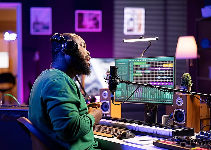 A male musician recording a new song on microphone in home studio.