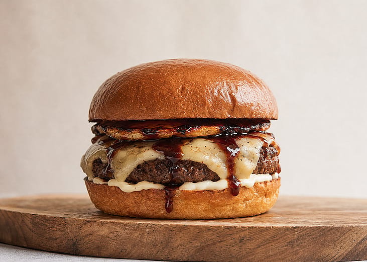 A gourmet cheeseburger on a brioche bun.