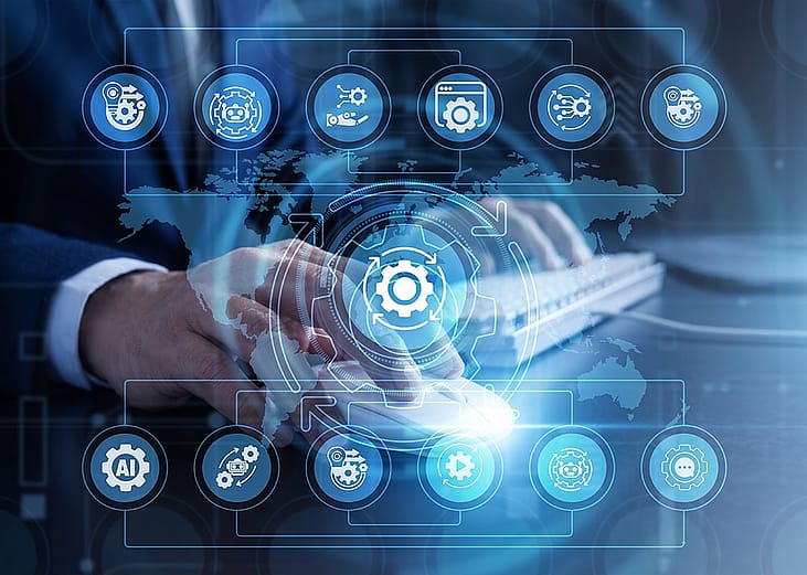 A conceptual photo of a business professional interacting with a glowing digital interface featuring artificial intelligence.