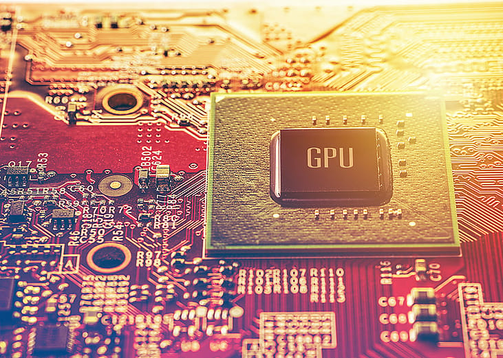 A graphic processing unit (GPU) chip set seen on a computer VGA card.