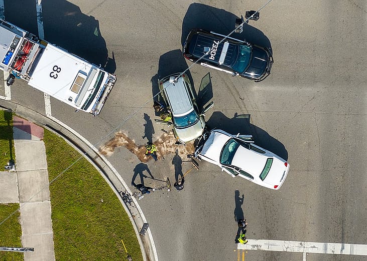 Aerial view of emergency services responding to a car accident site.