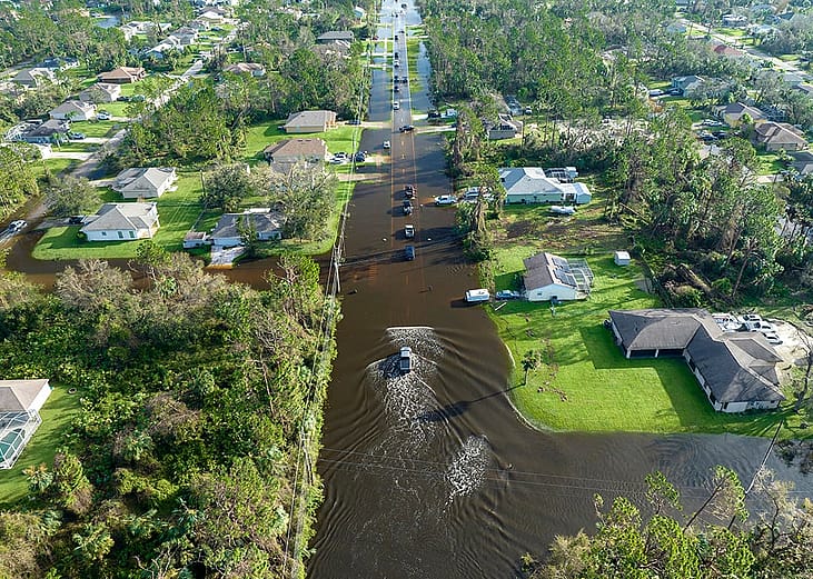 Aerial view of a flooded road in Florida.