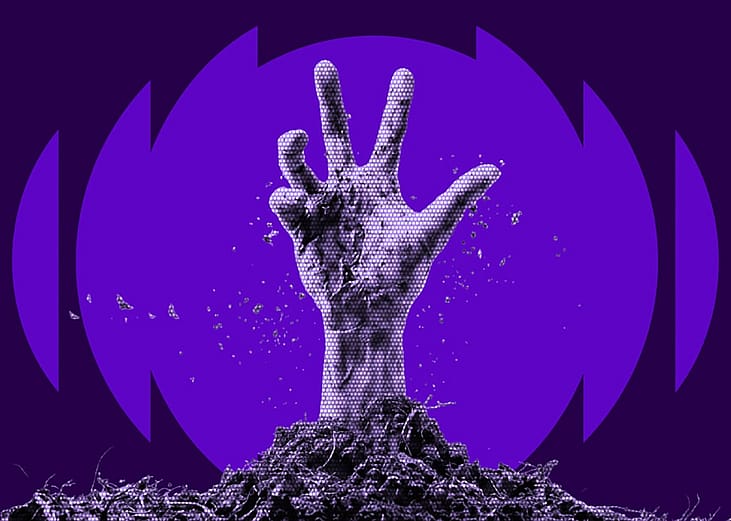 A purple-toned graphic of a decayed zombie hand rising from the dirt against a circular background.
