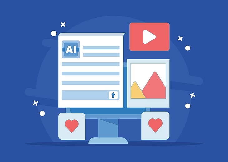 An illustration of an AI generative tool creating text, image, and video content with search engine.