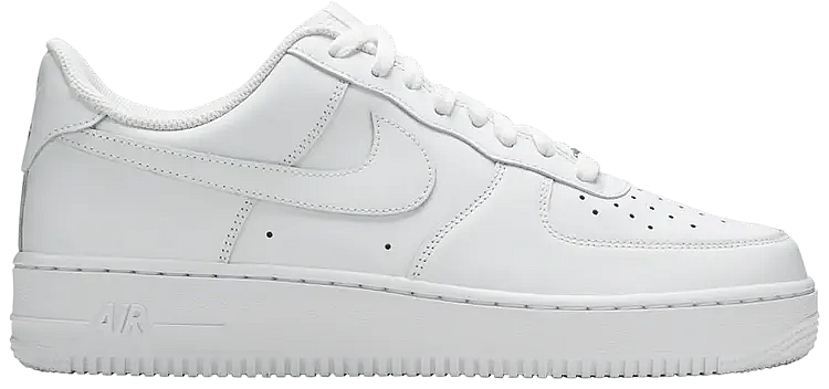 A side view of the white Nike Air Force 1 shoe.