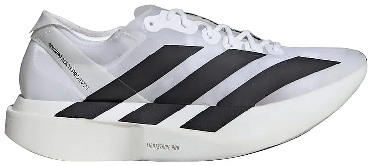 A side view of the adidas Adios Pro Evo 1 shoe in white and black colorway.
