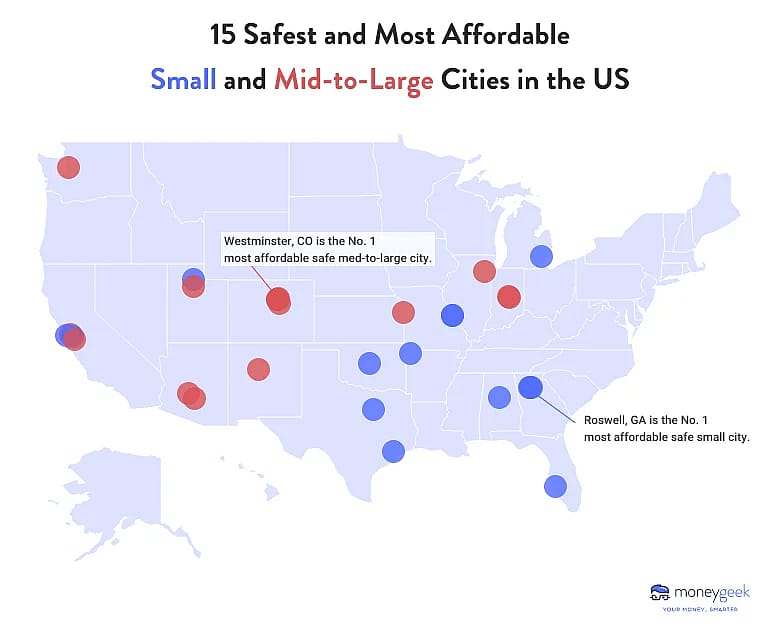 map of most affordable small and mid to large cities in the US