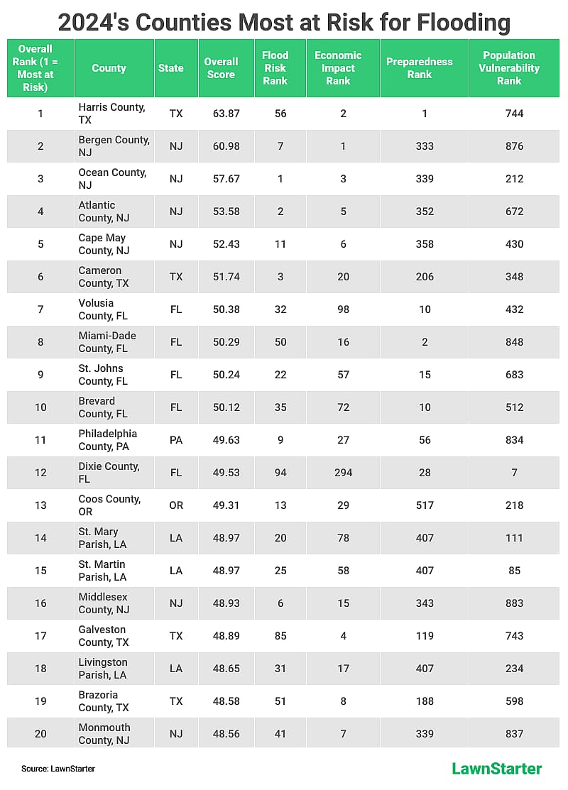 Table image showing the top 20 of “2024's Counties Most at Risk for Flooding”.