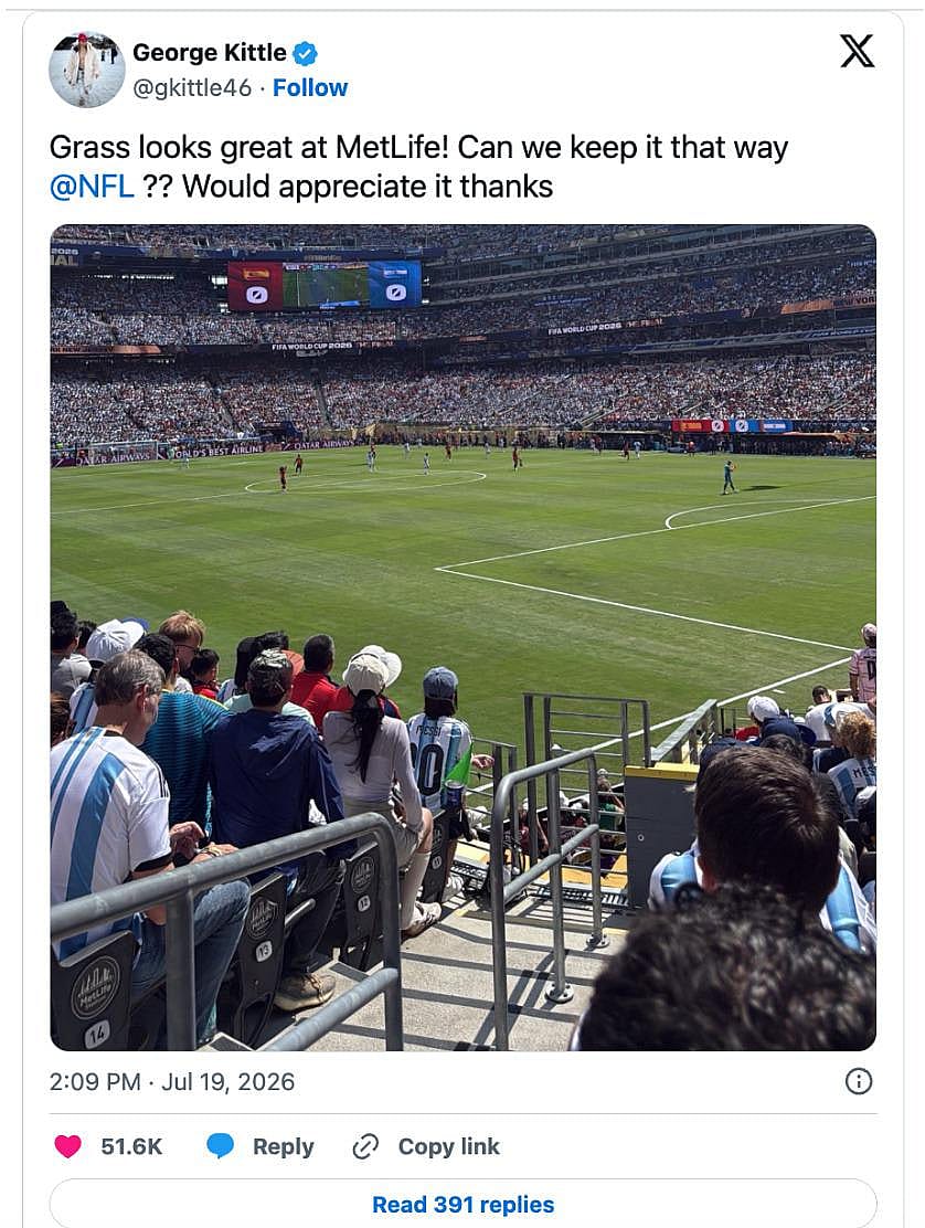 A screenshot of George Kittle's X post asking the NFL to keep natural grass installed at the MetLife Stadium.
