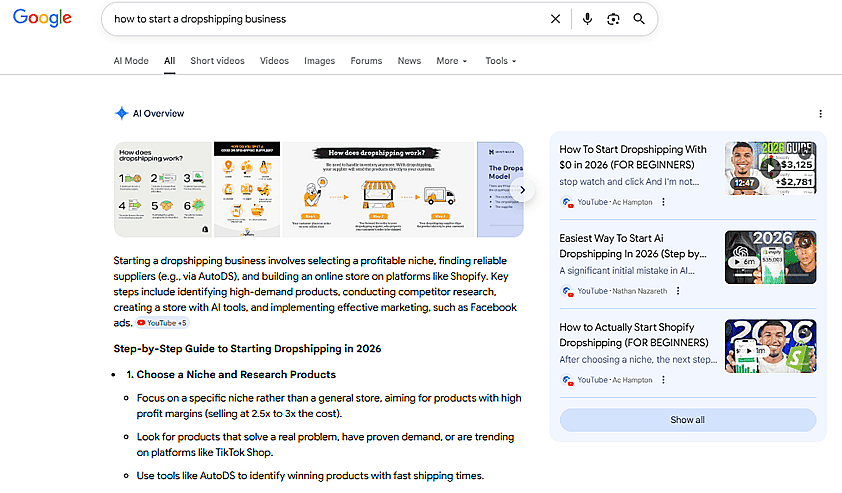 A screenshot of a Google search result and AI-generated overviews.