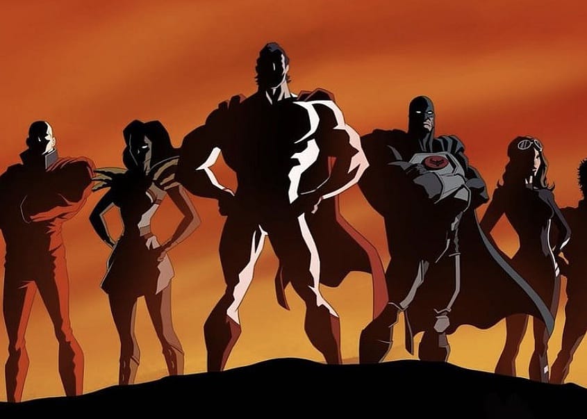 Cartoon superheroes standing at attention in a line.