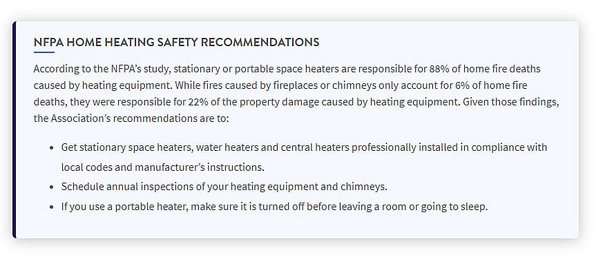 a text graph showing NFPA home heating safety recommendations
